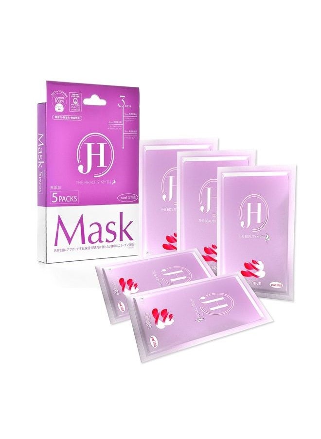 J&H Beauty - J&H Triple Collagen Facial Mask Sheet - Made in Japan - Anti-aging, Anti-wrinkle, Skin Firming, Rejuvenating, Brightening (Pack of 5) - Image 1