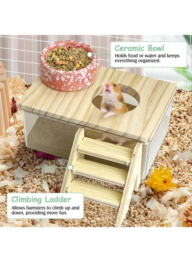 كاثسون صندوق حمام رمل الهامستر من كاثسون، أكريليك شفاف، حوض استحمام صغير للهامستر السوري، حاوية رمل حفر صغيرة مع سلم للتسلق ووعاء سيراميك، ملحقات قفص للفئران والقوارض - Image 3