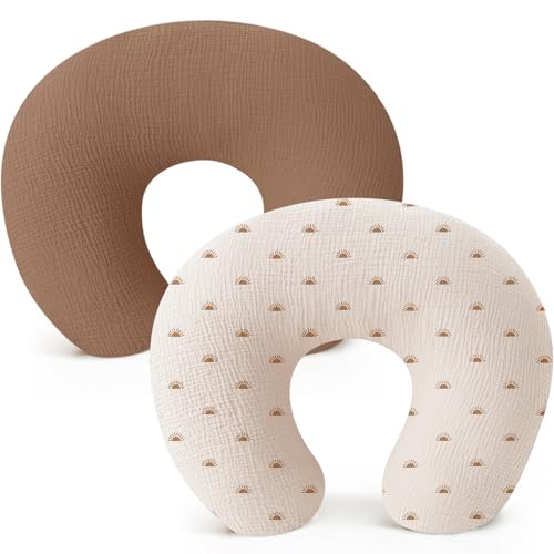 Konssy Muslin Nursing Pillow Covers Soft and Cute Nursing Covers for Breastfeeding Pillows Ideal for Newborn Baby Boys and Girls Coffee Sun 2 Pack