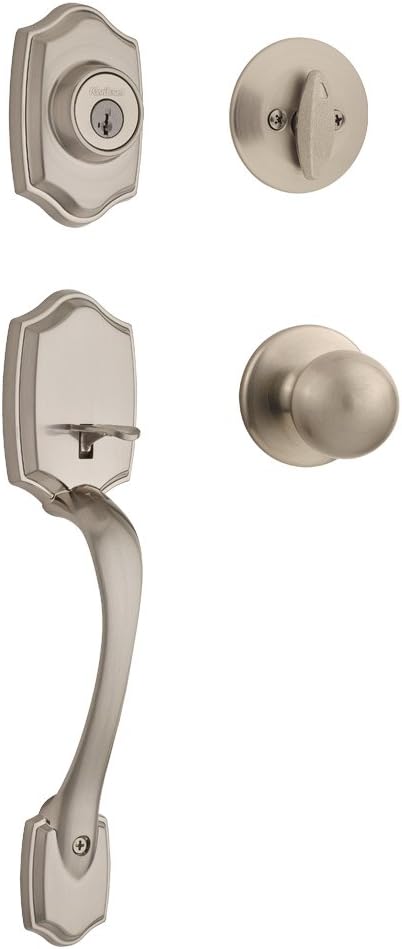 Kwikset Belleview Front Door Lock Handle and Deadbolt Set Entry Handleset Exterior with Interior Door Knob Satin Nickel Pick Resistant SmartKey Rekey Deadbolt Security - Image 1