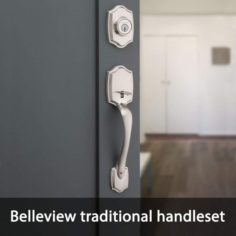 Kwikset Belleview Front Door Lock Handle and Deadbolt Set Entry Handleset Exterior with Interior Door Knob Satin Nickel Pick Resistant SmartKey Rekey Deadbolt Security - Image 3