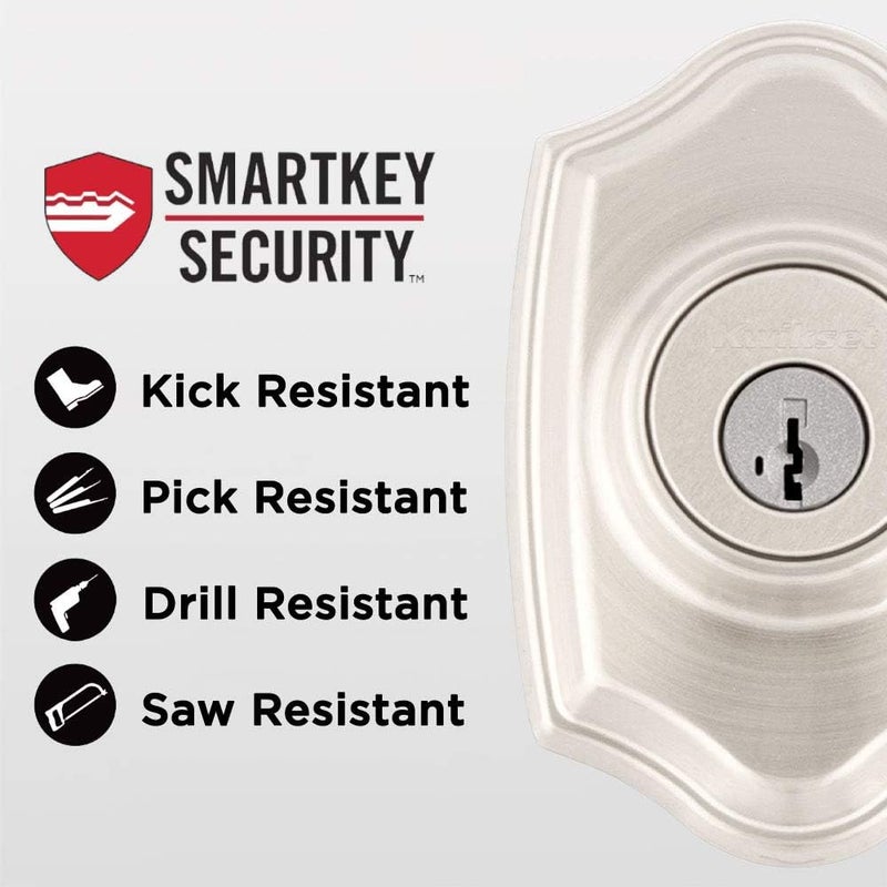 Kwikset Belleview Front Door Lock Handle and Deadbolt Set Entry Handleset Exterior with Interior Door Knob Satin Nickel Pick Resistant SmartKey Rekey Deadbolt Security - Image 2