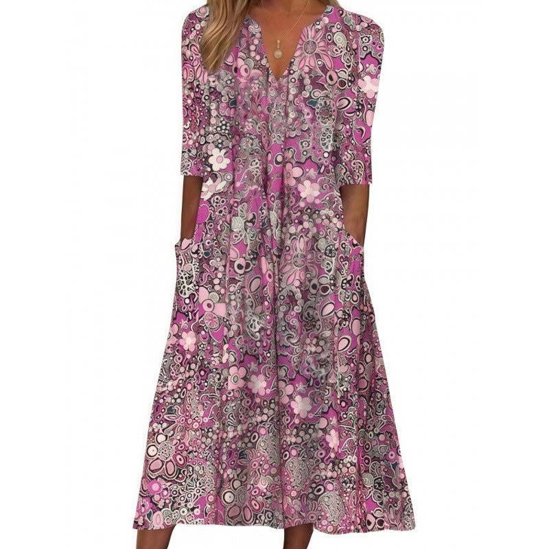 Summer Floral Print V-Neck Dress with Pockets - Image 5