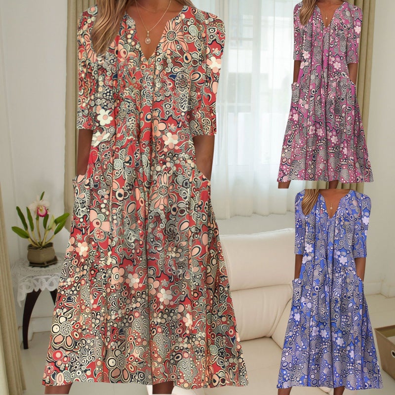 Summer Floral Print V-Neck Dress with Pockets - Image 1