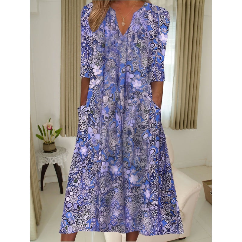 Summer Floral Print V-Neck Dress with Pockets - Image 3