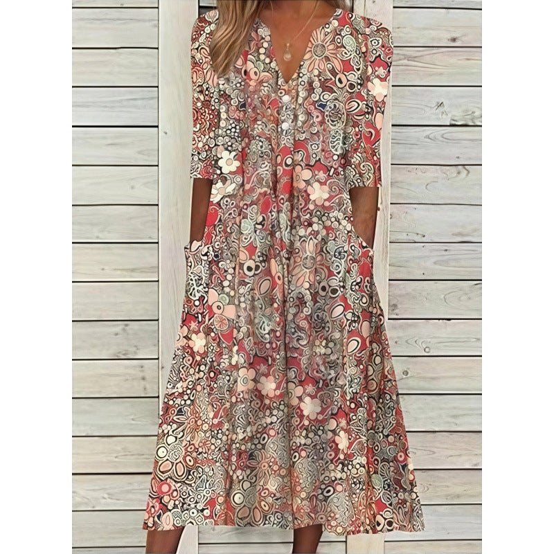 Summer Floral Print V-Neck Dress with Pockets - Image 4
