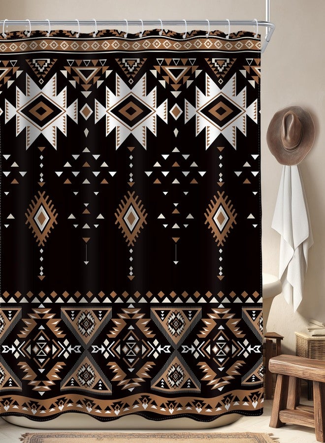 AMBZEK Black Western Aztec Shower Curtain 72Wx72L Inch Abstract Tribal Ethnic Boho Southwestern Brown Geometric Retro Native Neutral Fabric Waterproof Polyester Bathroom Decor Set with 12 Pack Hook - Image 1