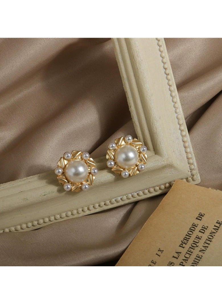 Goolsky Vintage Matte Gold Pearl Earrings – French Retro Circle Studs, 925 Silver Pin Elegant Jewelry, Formal/Daily - Image 1