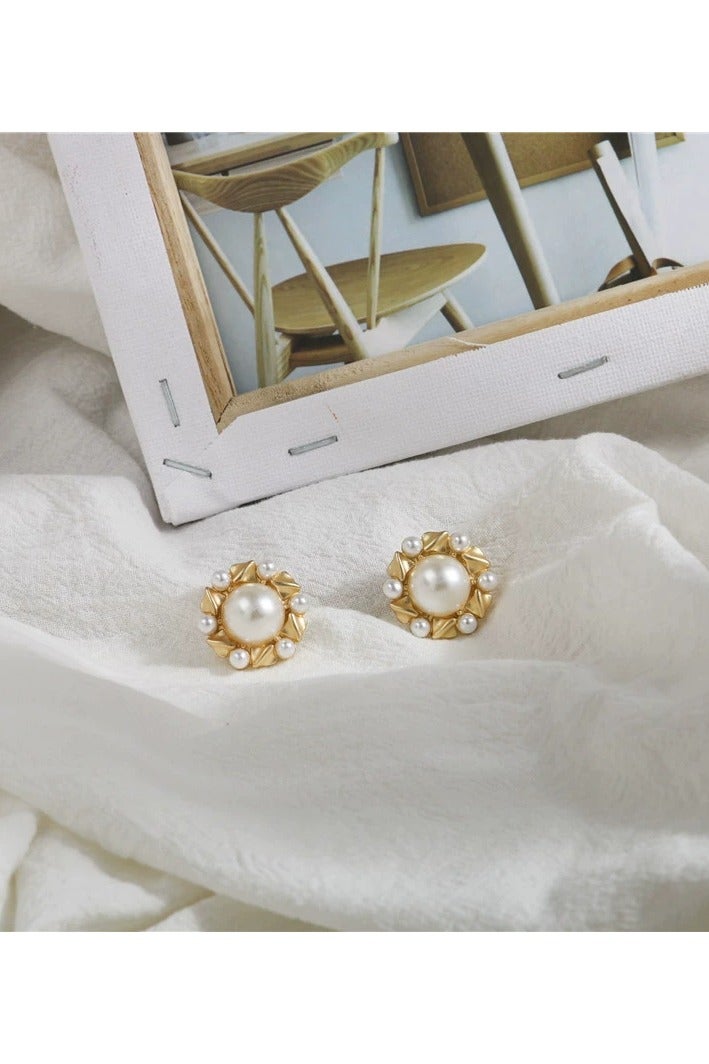 Goolsky Vintage Matte Gold Pearl Earrings – French Retro Circle Studs, 925 Silver Pin Elegant Jewelry, Formal/Daily - Image 4