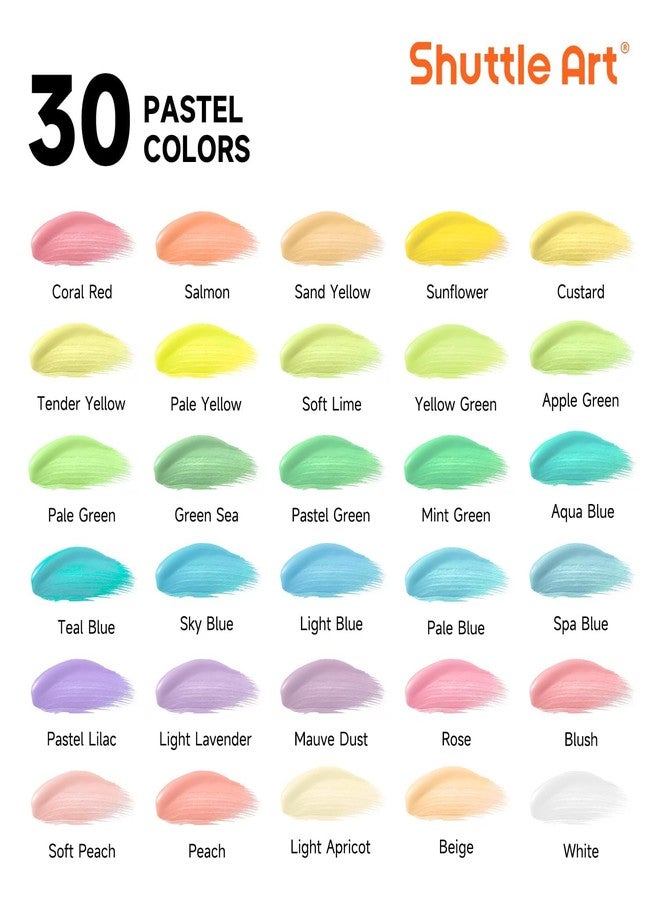 Shuttle Art 40 Pack Pastel Acrylic Paint Set, 30 Colors, 60ml/2oz Bottles, High Viscosity, Water-proof With 10 Paint Brushes for Painting &Crafting on Canvas, Rock, Ceramic, Fabric, Clay - Image 2