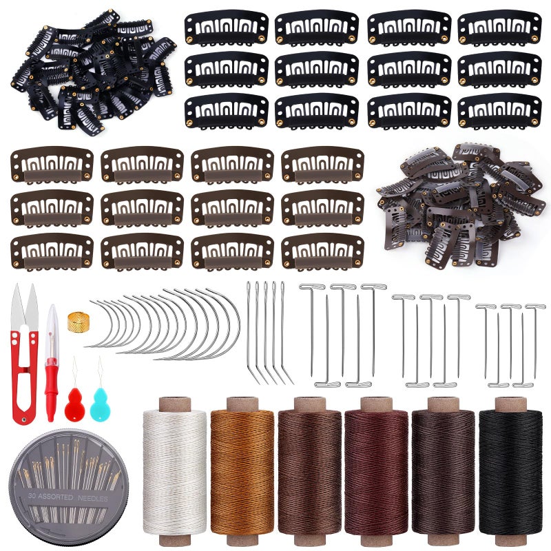 Yizzvb 60 Pcs 32mm Hair Extensions Clip Hairpieces Snap Clips U Shape Wig Clips for Hair Extensions 6 Rolls Hair Thread for WeaveWig Thread Kit Curved Needles for Wig Making Hair Extensions