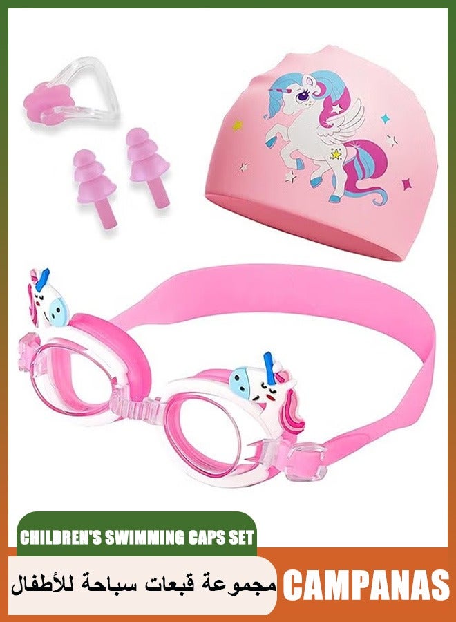 CAMPANAS 4-Piece Set of Children's Swimming Caps with Goggles and Nose Clip Earplugs, Suitable for both Girls and Boys, Silicone Waterproof Swimming and Swimming Caps - Image 1