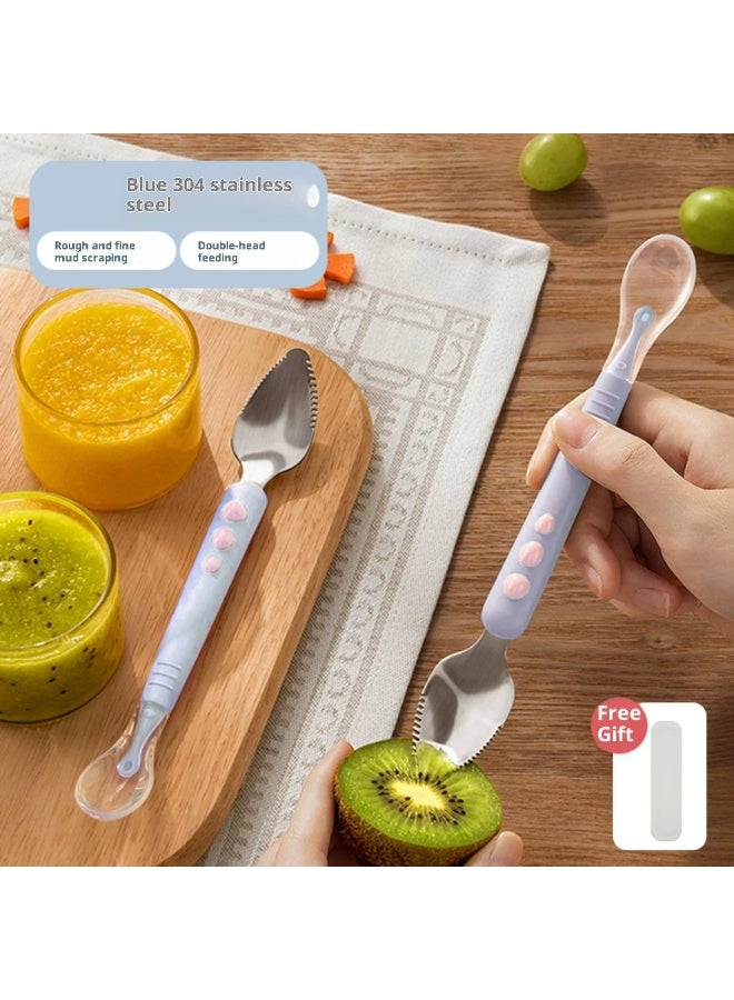 Portable Double-Headed Stainless Steel Silicone Fruit Puree Spoon, Fruit And Vegetable Auxiliary Food Spoon, Baby Two-Head Mud Scraper With Storage Box Blue - Image 1