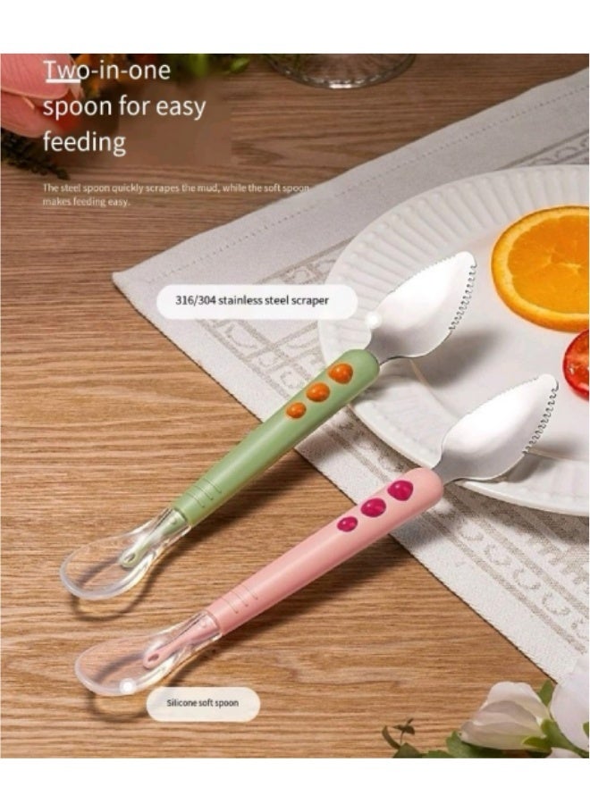 Portable Double-Headed Stainless Steel Silicone Fruit Puree Spoon, Fruit And Vegetable Auxiliary Food Spoon, Baby Two-Head Mud Scraper With Storage Box Blue - Image 4