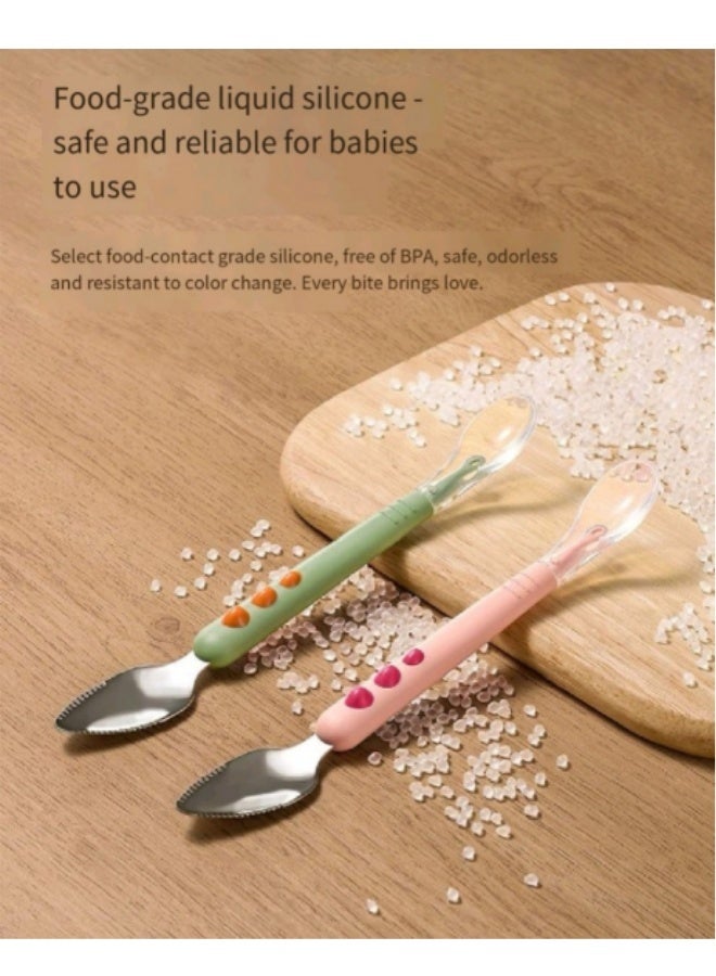 Portable Double-Headed Stainless Steel Silicone Fruit Puree Spoon, Fruit And Vegetable Auxiliary Food Spoon, Baby Two-Head Mud Scraper With Storage Box Blue - Image 2