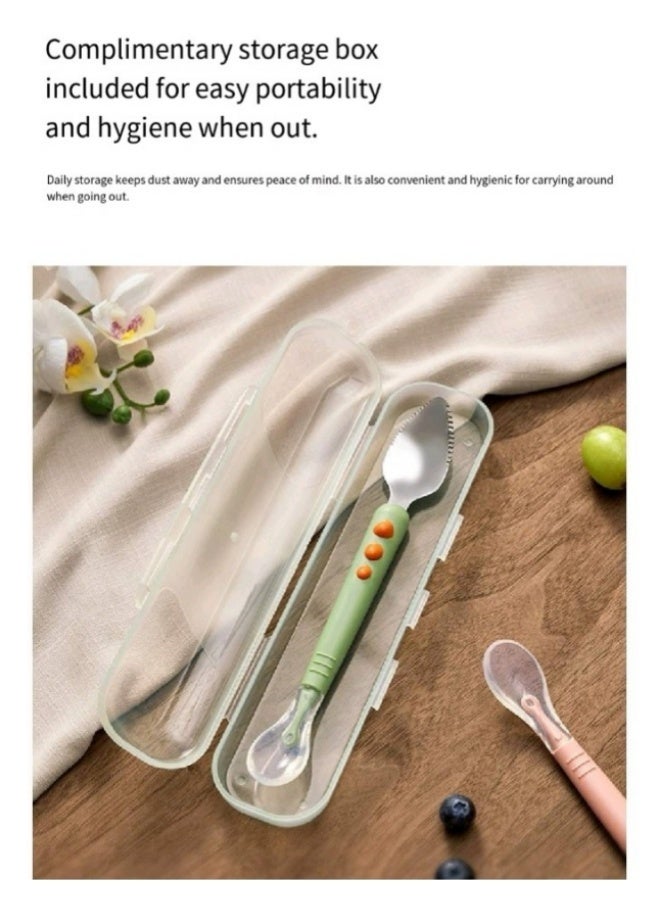 Portable Double-Headed Stainless Steel Silicone Fruit Puree Spoon, Fruit And Vegetable Auxiliary Food Spoon, Baby Two-Head Mud Scraper With Storage Box Blue - Image 5