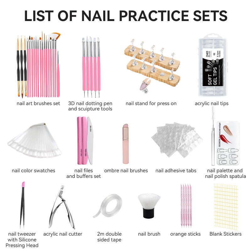 ESUOHYM Acrylic Fake Nails Kit Press On Nail kit with 240PS Clear Nail Tips,Nail Art Stand,Art Brushes,Swatch Sticks,Acrylic Cutter,Nail Art Tools with Everything for Beginners DIY Nails Home Salon - Image 2