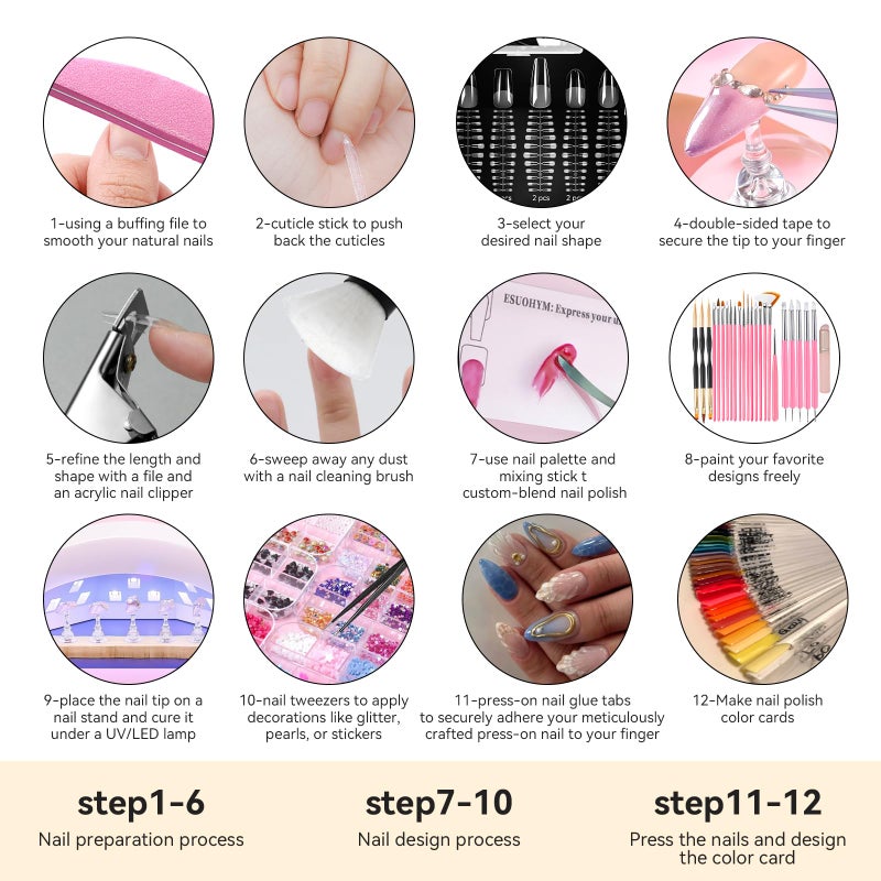 ESUOHYM Acrylic Fake Nails Kit Press On Nail kit with 240PS Clear Nail Tips,Nail Art Stand,Art Brushes,Swatch Sticks,Acrylic Cutter,Nail Art Tools with Everything for Beginners DIY Nails Home Salon - Image 3