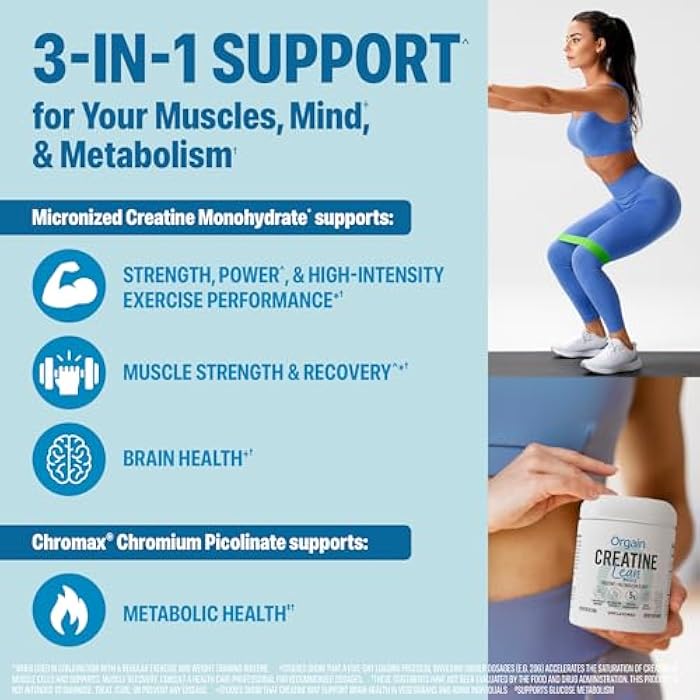 Orgain Micronized Creatine Monohydrate Lean Muscle Powder with Metabolism Blend, Unflavored, 50 Servings, Supports Muscle Strength and Brain Health, No Dairy or Soy, Gluten Free, Vegan - Image 3