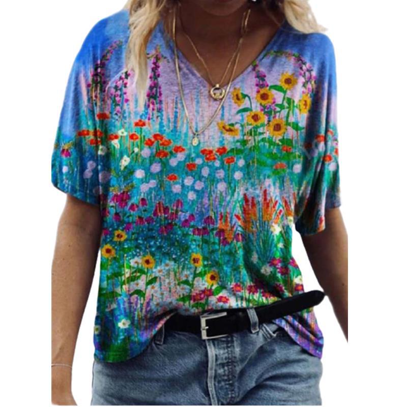 Spot 2021 Spring and Summer V-neck Loose Large Flower Printed Urban Casual Short-sleeved Pullover T-shirt - Image 1