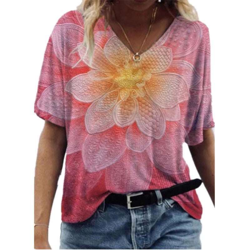 Spot 2021 Spring and Summer V-neck Loose Large Flower Printed Urban Casual Short-sleeved Pullover T-shirt - Image 4