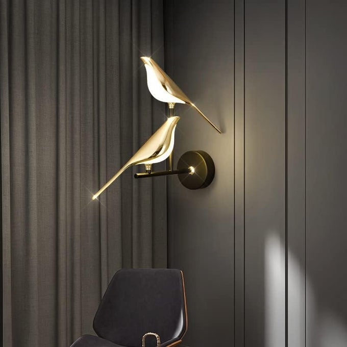2 LED 2 BIRD GOLD BLACK METAL WALL LIGHT FOR DRAWING ROOM - WARM WHITE