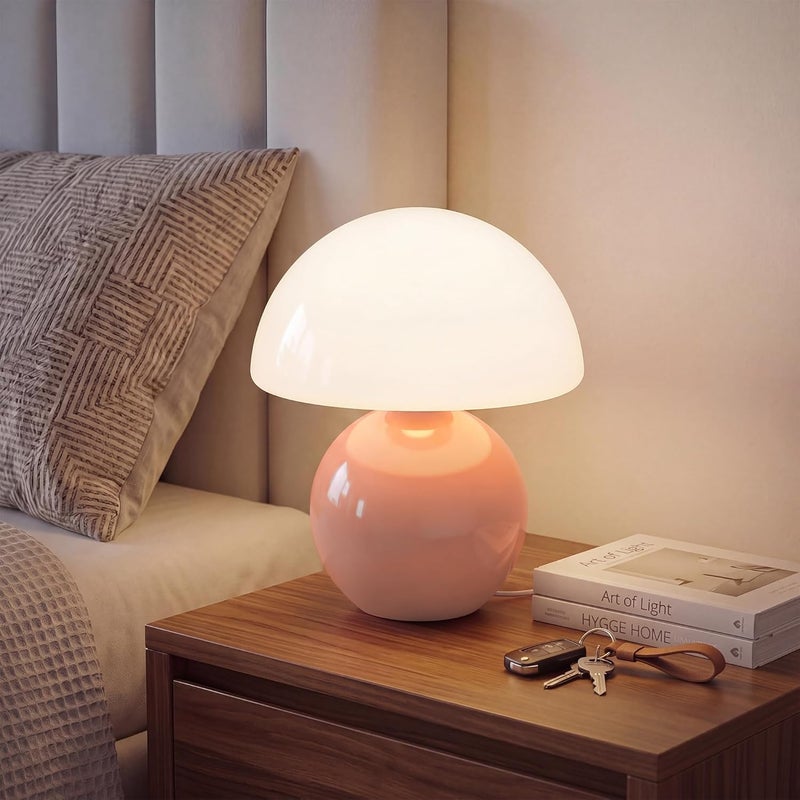Dawnwake Mushroom Lamp Small Lamp, Table Bedside Nightstand Lamp for Bedroom, Cute Mini Modern Lamp Dimmable, Unique Aesthetic Home Decor for Living Room Girl Gifts, Ceramic Base Glass Lamp(Pink) - Image 1