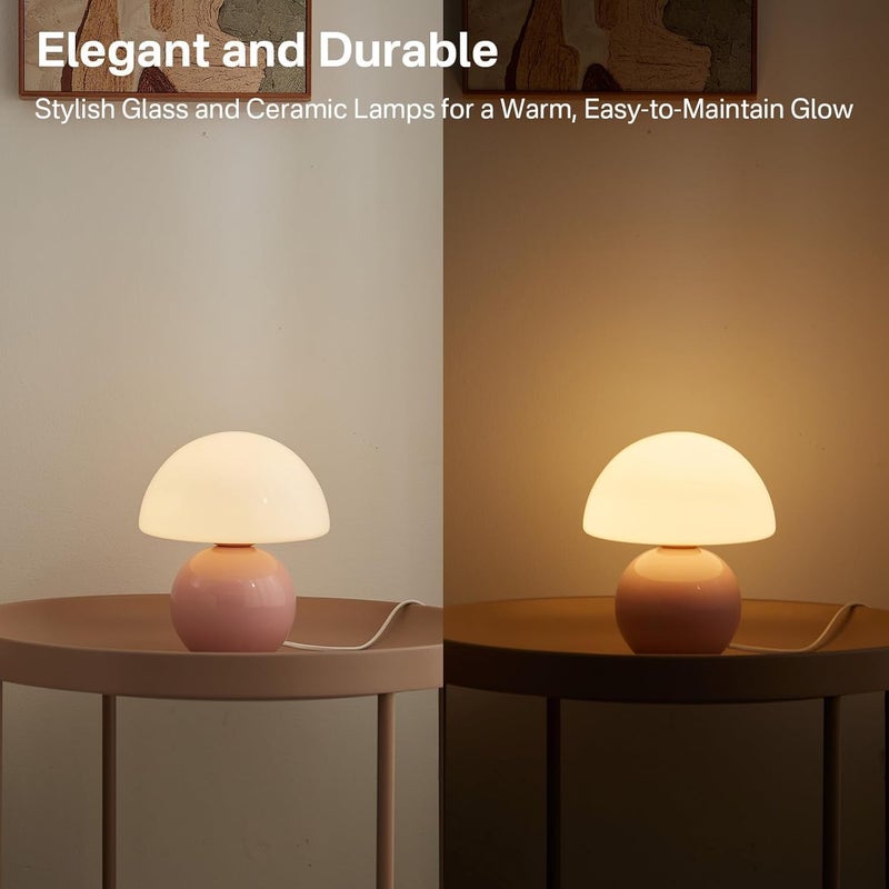 Dawnwake Mushroom Lamp Small Lamp, Table Bedside Nightstand Lamp for Bedroom, Cute Mini Modern Lamp Dimmable, Unique Aesthetic Home Decor for Living Room Girl Gifts, Ceramic Base Glass Lamp(Pink) - Image 3