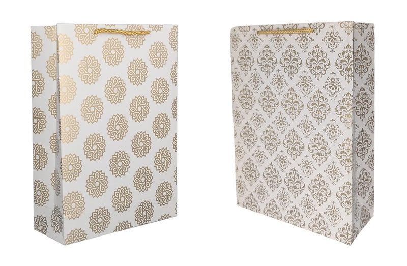 TASCHE Gold Flower and Gold Chakras Printed Assorted Design Paper Carry Bags | Gift Bags for Return gifts, Birthday and presents (28 * 20 * 7.5 CM) (Pack of 10) - Image 1