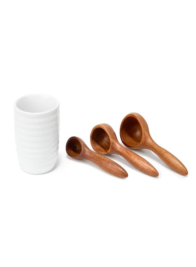 Nambe x Tom Papa Breaking Bread Canister with Utensils - Stoneware Storage Jar with Acacia Wood Measuring Spoons (2, 1, 1/2 tbsp) - Cutlery Container for Baking Ingredients, Baking, Kitchen Decor - Image 2