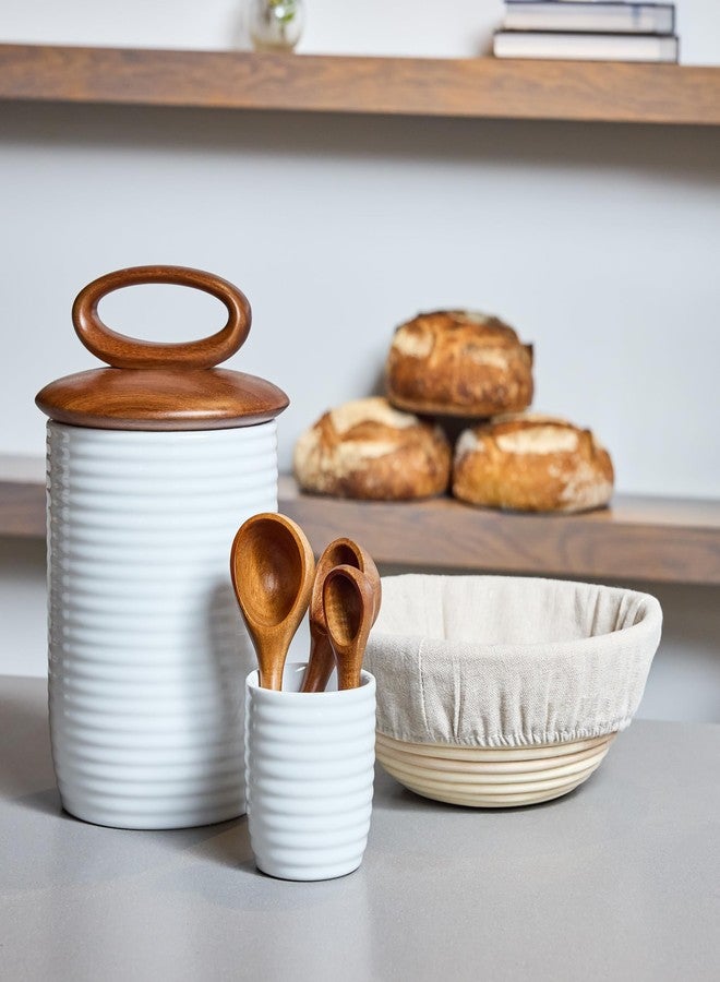 Nambe x Tom Papa Breaking Bread Canister with Utensils - Stoneware Storage Jar with Acacia Wood Measuring Spoons (2, 1, 1/2 tbsp) - Cutlery Container for Baking Ingredients, Baking, Kitchen Decor - Image 4