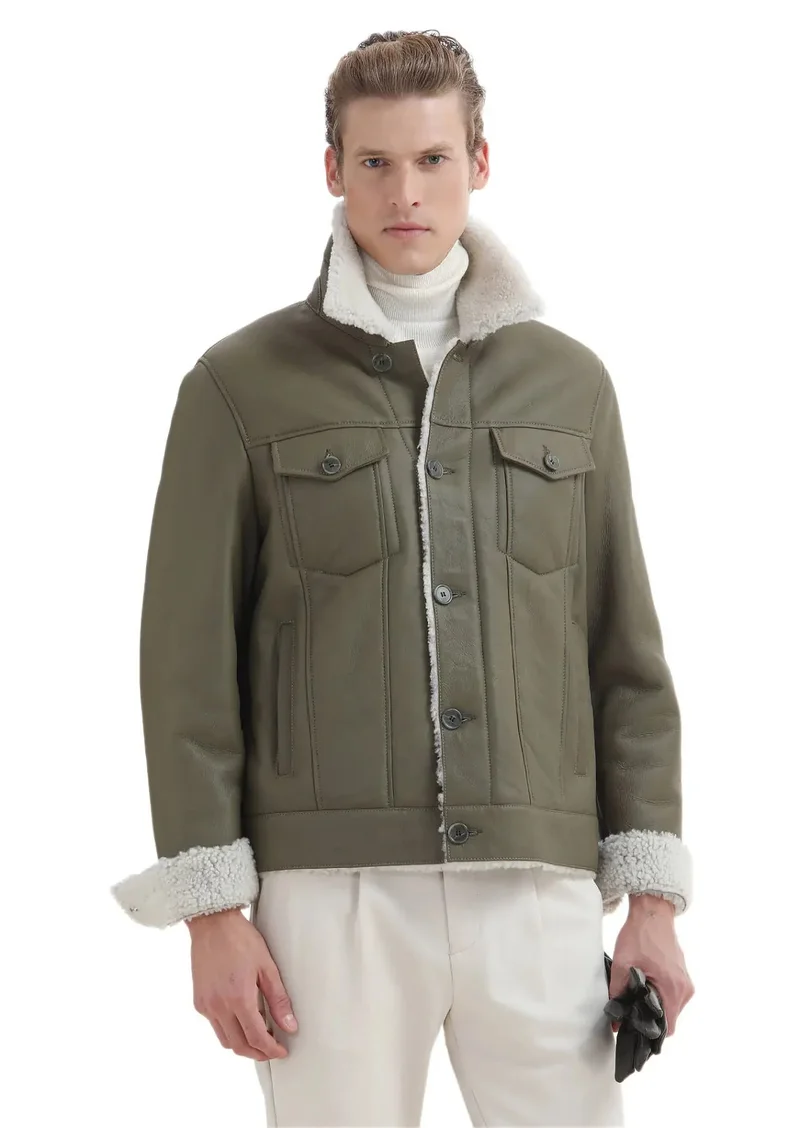 رامسي قميص كاكي بقصة عادية وياقة معطف جلد فرو كاجوال