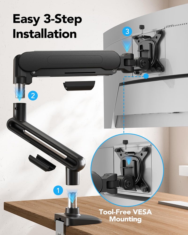 HUANUO Ultrawide Monitor Arm for 13 – 40" Screens, Single Monitor Mount Holds up to 26.4lbs, Adjustable Monitor Stand with C-Clamp & Grommet Base, VESA Mount 75x75mm/100x100mm - Image 3
