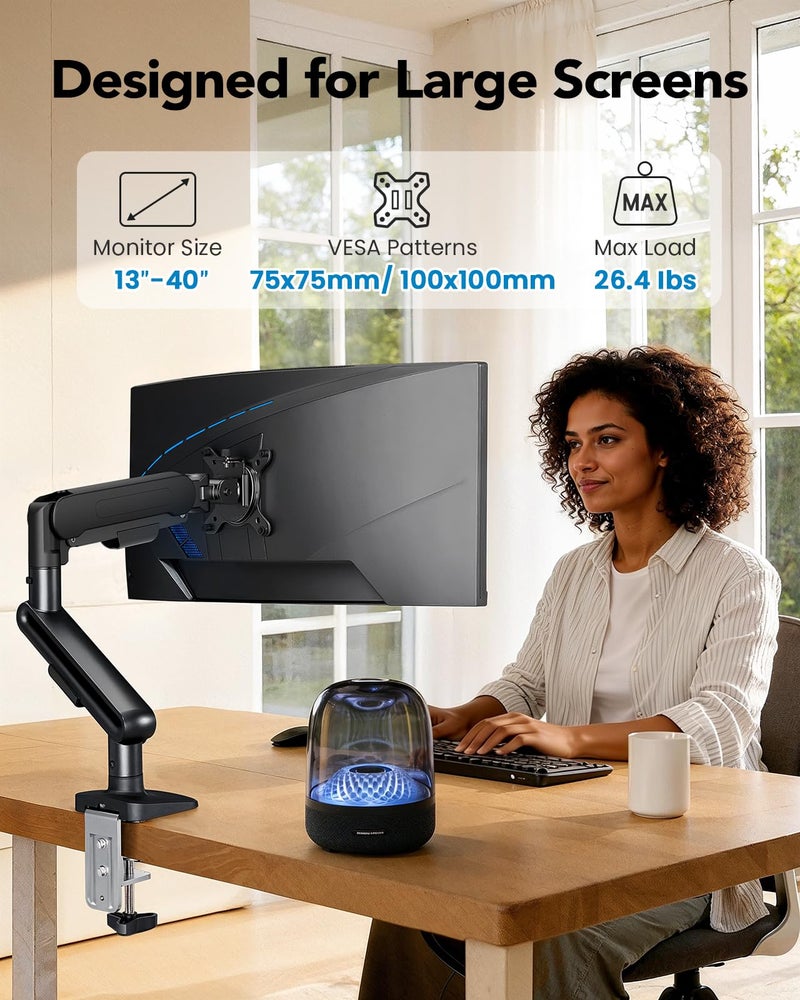 HUANUO Ultrawide Monitor Arm for 13 – 40" Screens, Single Monitor Mount Holds up to 26.4lbs, Adjustable Monitor Stand with C-Clamp & Grommet Base, VESA Mount 75x75mm/100x100mm - Image 2