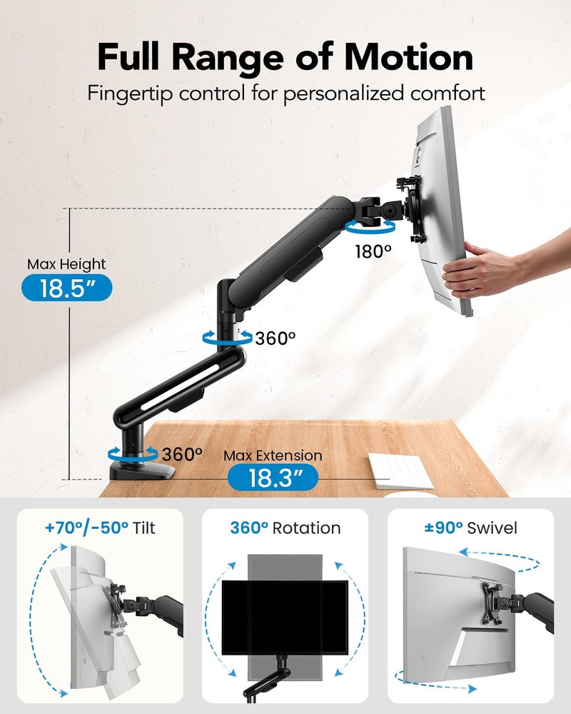 HUANUO Ultrawide Monitor Arm for 13 – 40" Screens, Single Monitor Mount Holds up to 26.4lbs, Adjustable Monitor Stand with C-Clamp & Grommet Base, VESA Mount 75x75mm/100x100mm - Image 5