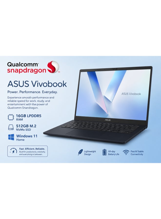 ASUS VivoBook 14 X1407QA_V14 X116512 |Copilot+ PC Laptop | Snapdragon X Processor | 16GB RAM | 512GB SSD | 14" WUXGA Display | Windows 11 Home | English\Arabic Keyboard | Quiet Blue |90NB1601_M007H0 Quiet Blue - Image 1