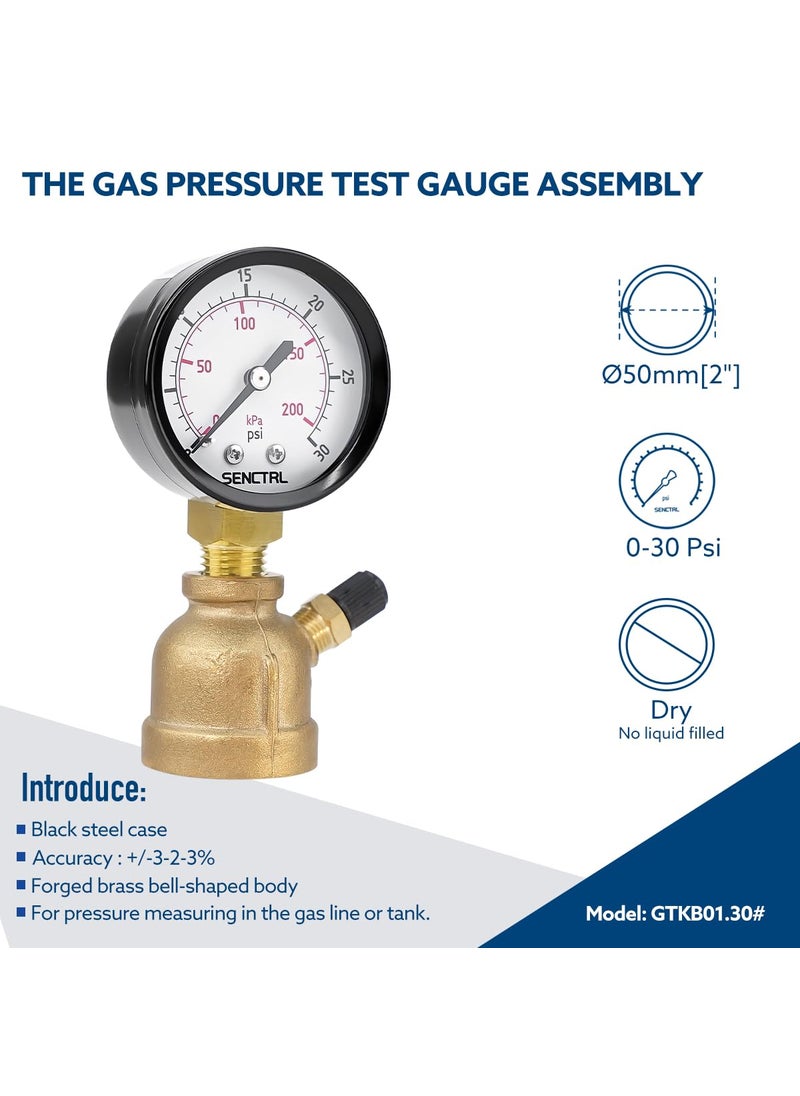 senctrl SENCTRL 0-30 Psi Gas Pressure Test Gauge, 2" Dial Size, 3/4" FNPT Connection, Brass Valve, Forged Brass Bell Shape Body Assembly  - Image 2