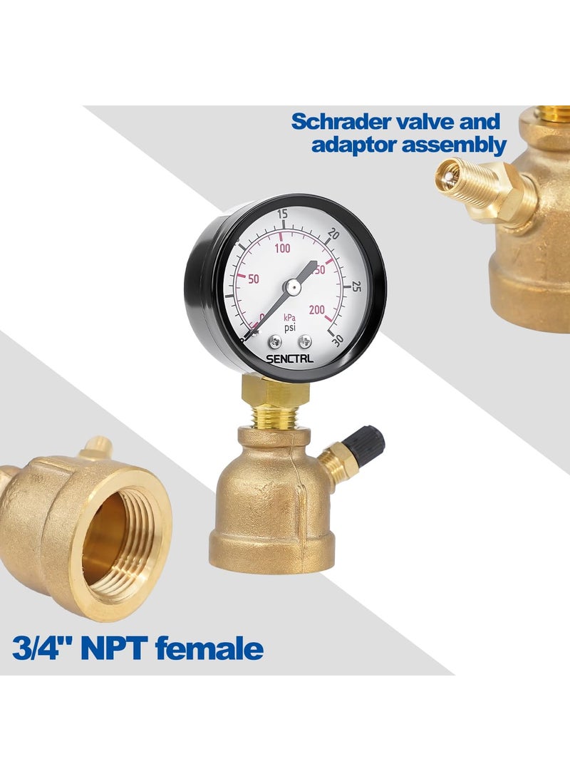 senctrl SENCTRL 0-30 Psi Gas Pressure Test Gauge, 2" Dial Size, 3/4" FNPT Connection, Brass Valve, Forged Brass Bell Shape Body Assembly  - Image 3