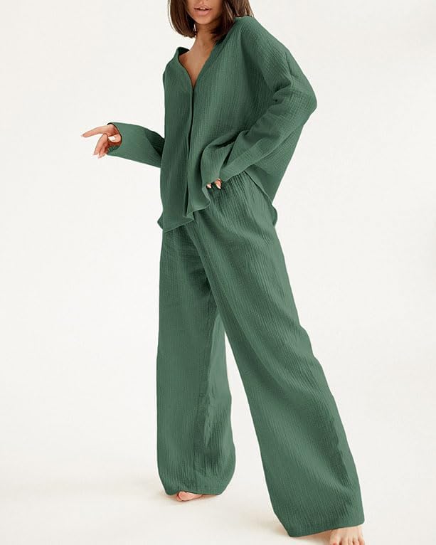 codcm Womens Cotton Gauze Loungewear Sets Casual 2 Piece Sleepwear Button Down Shirt and Wide Leg Pants Outfits(Green,Large) - Image 2