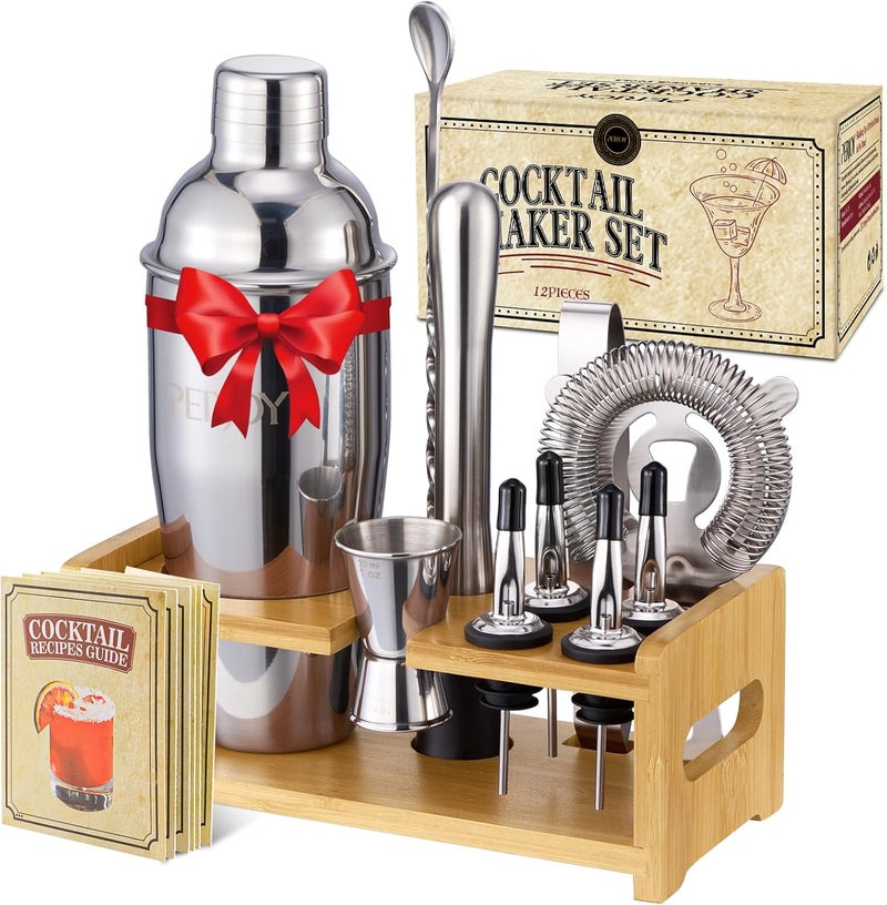 PERJOY Cocktail Shaker Bartender Kit-12 Piece Cocktail Shaker Set with Stand, Stainless Steel Bar Set Tools Drink Mixer Set with Martini Shaker,Strainer,Jigger,Bar Spoon,Muddler, Gift for Men Dad&Him - Image 1