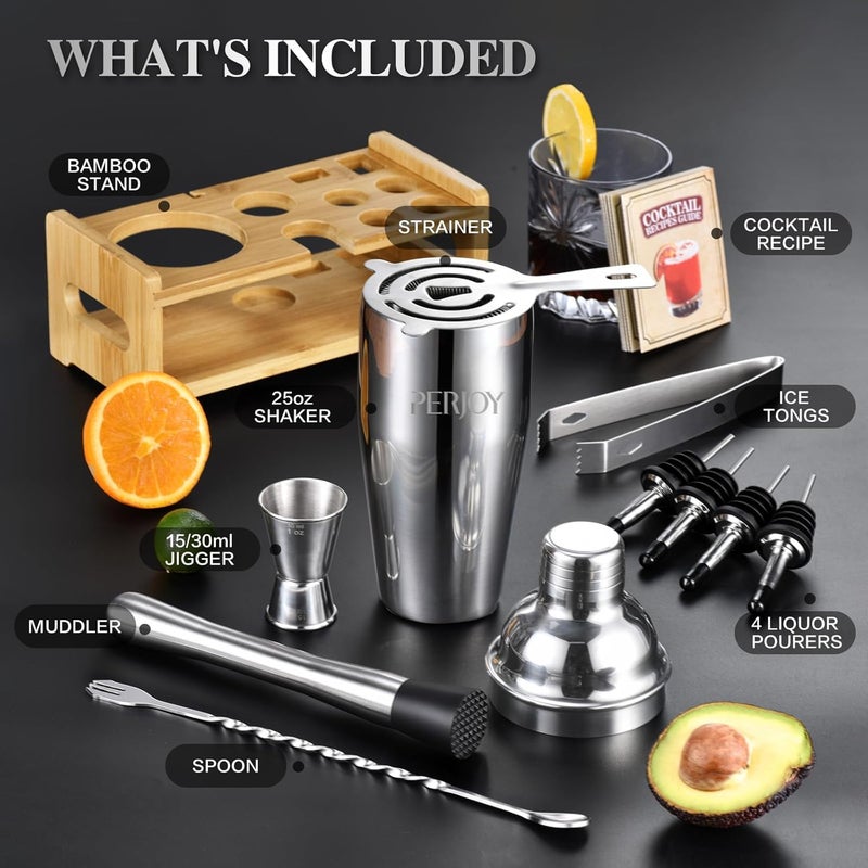 PERJOY Cocktail Shaker Bartender Kit-12 Piece Cocktail Shaker Set with Stand, Stainless Steel Bar Set Tools Drink Mixer Set with Martini Shaker,Strainer,Jigger,Bar Spoon,Muddler, Gift for Men Dad&Him - Image 2