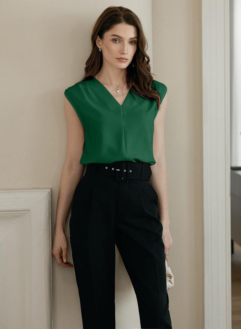 EVALESS Sleeveless Tops for Womens Summer 2026 Casual Pleated V Neck Work Basic Tank Shirt Dark Green L - Image 2