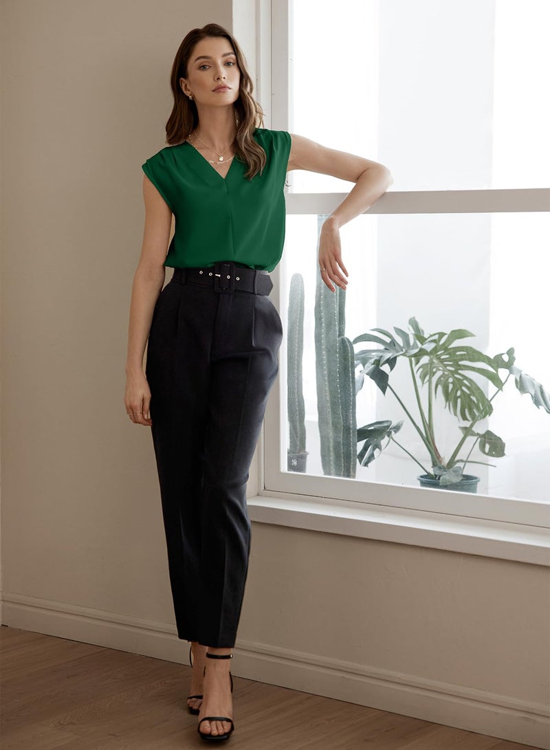 EVALESS Sleeveless Tops for Womens Summer 2026 Casual Pleated V Neck Work Basic Tank Shirt Dark Green L - Image 5