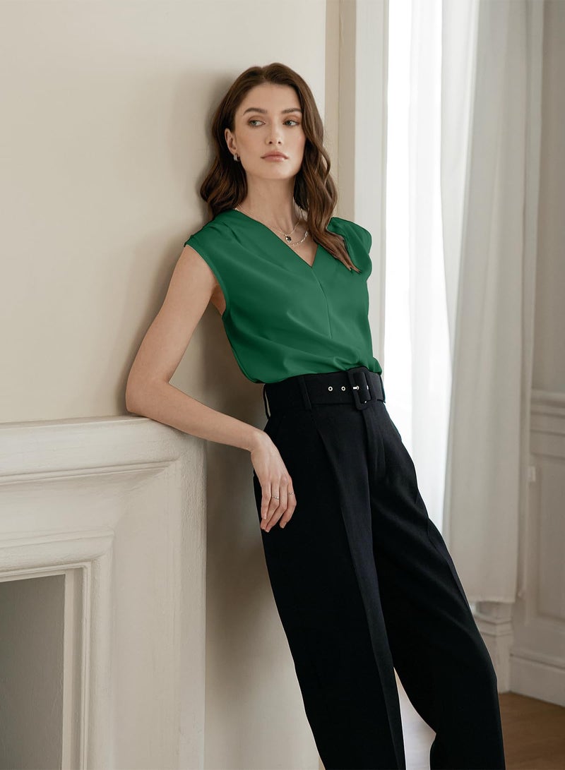 EVALESS Sleeveless Tops for Womens Summer 2026 Casual Pleated V Neck Work Basic Tank Shirt Dark Green L - Image 4