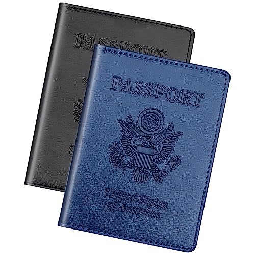 Herain Black & Dark Blue Passport Holder for Travel, Passport Cover Wallet Case 2 Pack Women Men Family Cruise Ship Essentials, Passports Book Holders Travel Vacation Must Haves - Image 1