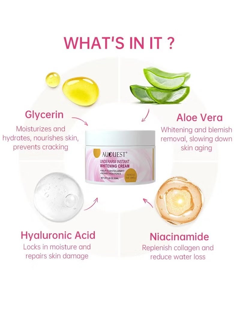 AuQuest 50ML Underarm Instant Whitening Cream Whitening Cream for Women for Dark Armpit Body Face Lightening Cream Intimate Skin Cream for Knees Armpit Elbows Private Areas - Image 4