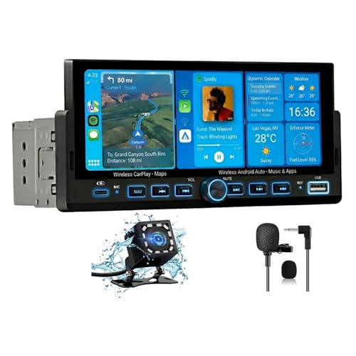 Pyniro Universal Single Din Car Stereo with Wireless CarPlay & Android Auto, 6.86" IPS Touch Screen Head Unit with Backup Camera/External Microphone, Car Radio Supports Bluetooth/SWC/FM/USB - Image 1