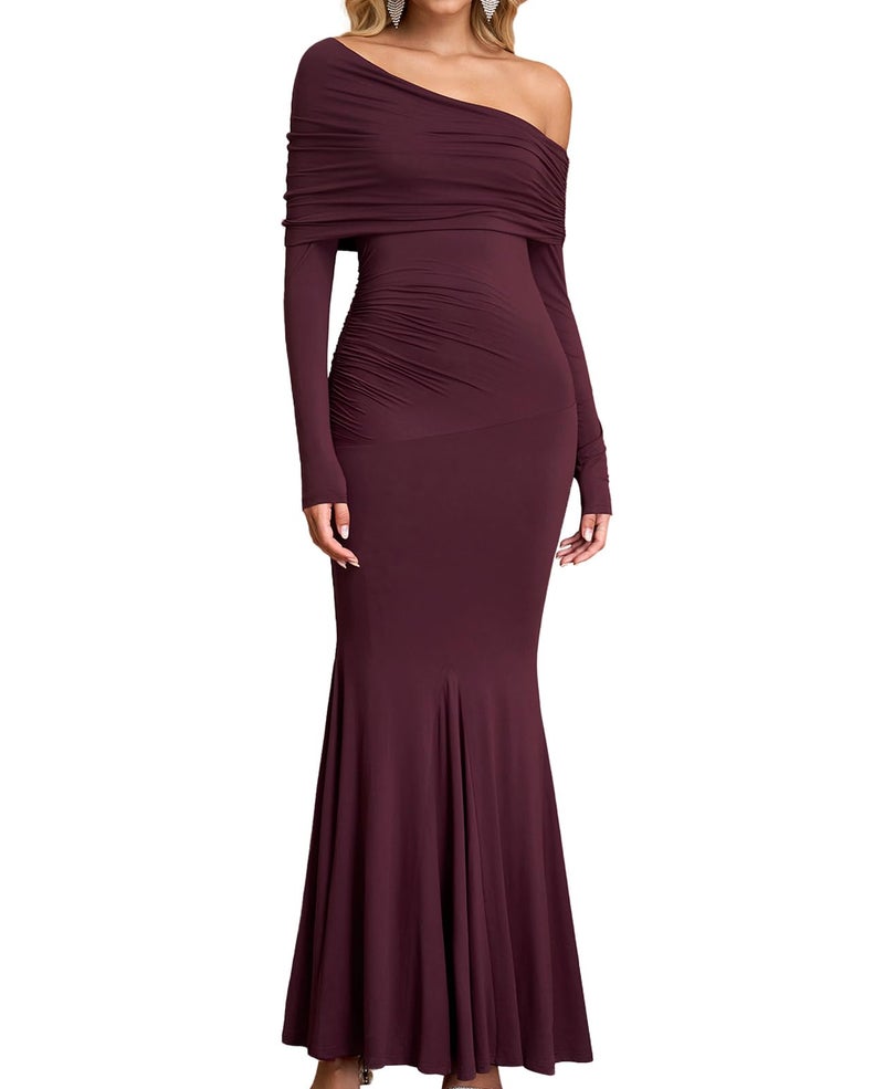 GLNEGE Off The Shoulder Fall Wedding Guest Formal Dress Long Sleeve Ruched Bodycon Maxi Cocktail Party Dresses for Women Wine - Image 1