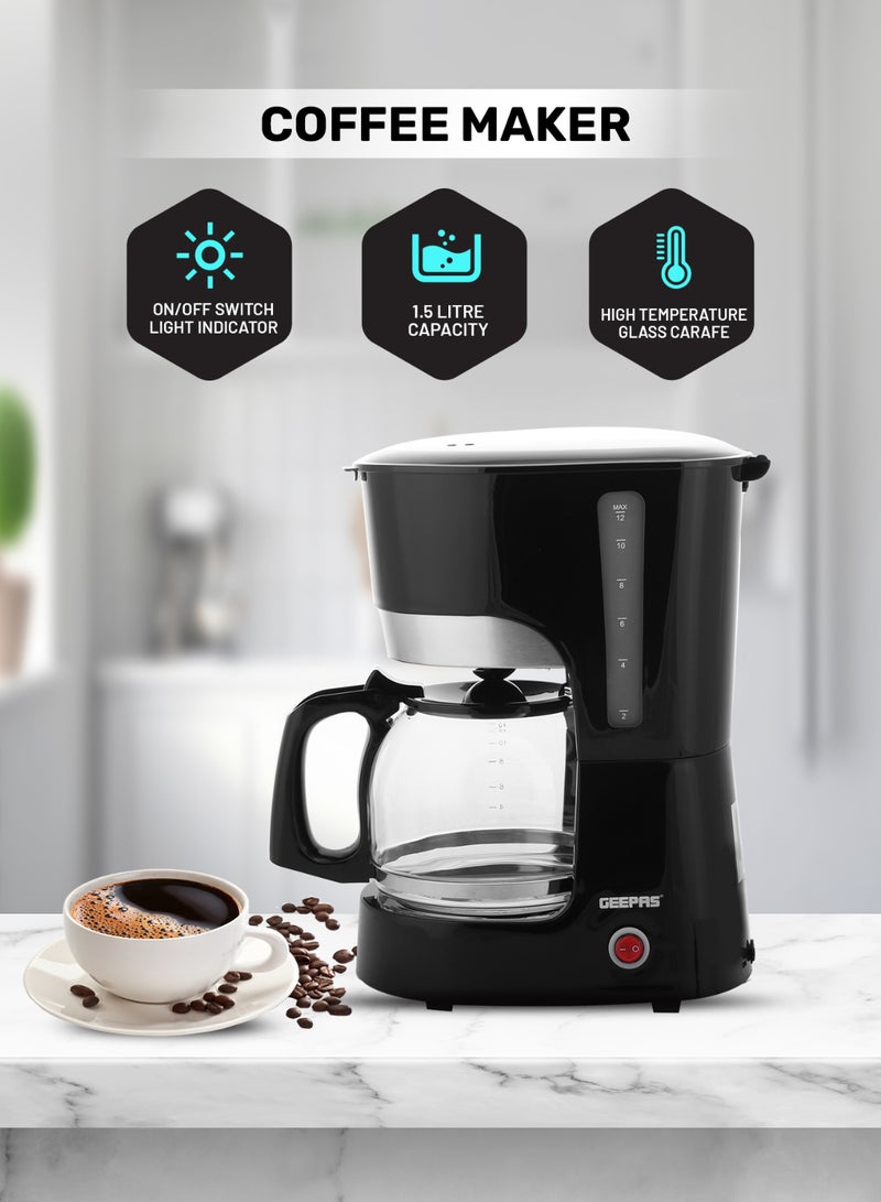 GEEPAS Coffee Maker, Filter Coffee Machine, | High Temperature Glass Carafe | Keep Warm & Anti-Drip Function | Reusable Filter | On/ Off Switch with Indicator Light 1.5 L 850 W GCM6103 Black/Clear - Image 1