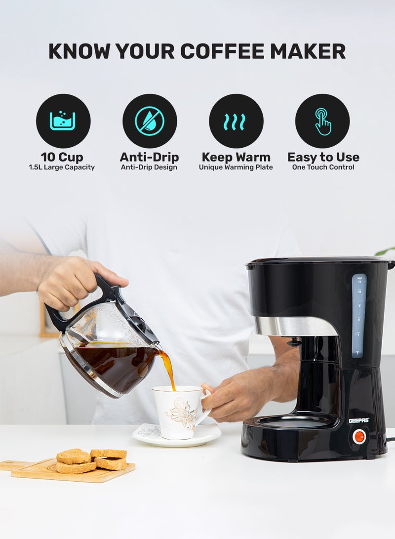 GEEPAS Coffee Maker, Filter Coffee Machine, | High Temperature Glass Carafe | Keep Warm & Anti-Drip Function | Reusable Filter | On/ Off Switch with Indicator Light 1.5 L 850 W GCM6103 Black/Clear - Image 2